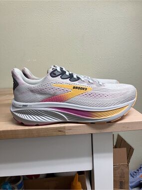Brooks Women's Ghost Running Shoe - White with Pink and Yellow Accents
